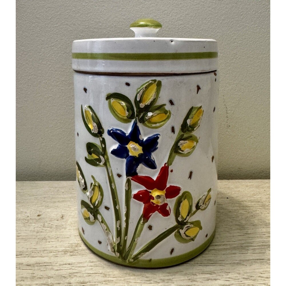 Vintage Italian Hand Painted Ceramic Canister 3D Floral Design Signed 6" H
